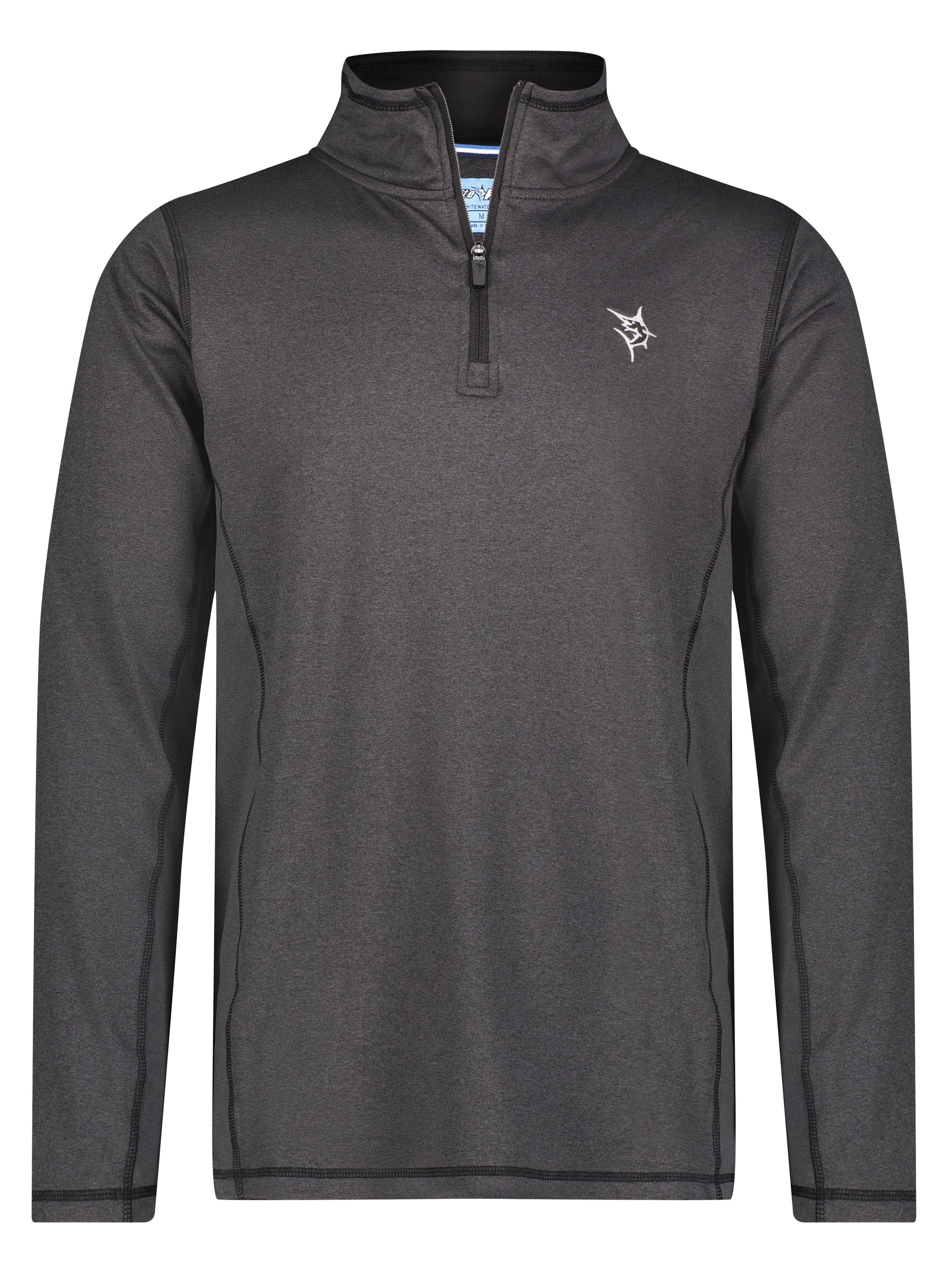 Dark gray long-sleeve pullover with a small logo on a white background