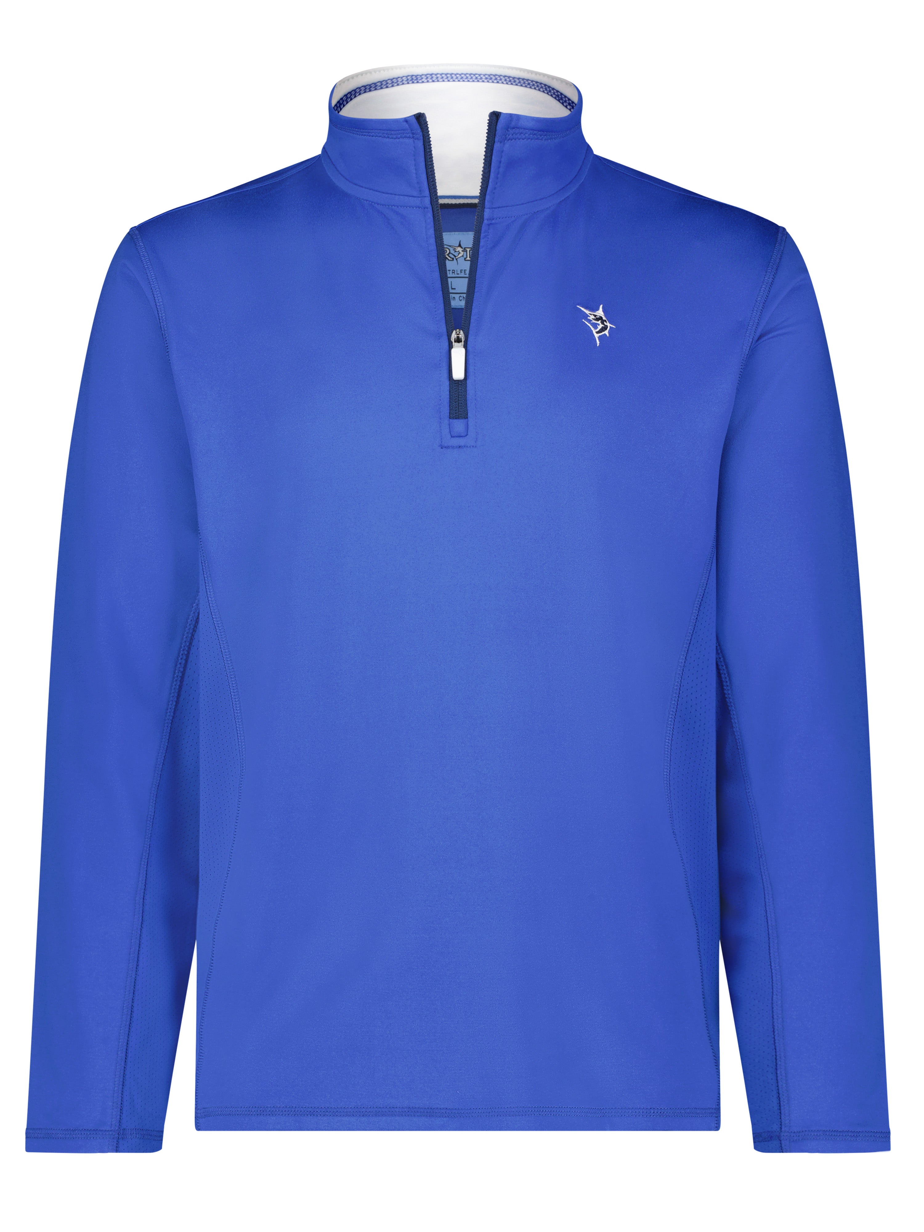 Blue long-sleeve shirt with a small logo on a white background