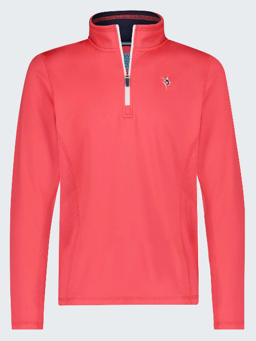 Red long-sleeve shirt with a small logo on a white background
