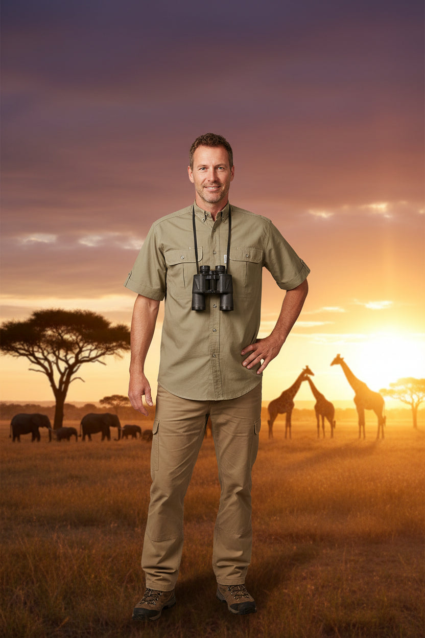 Khaki short-sleeve shirt with two front pockets on a white background