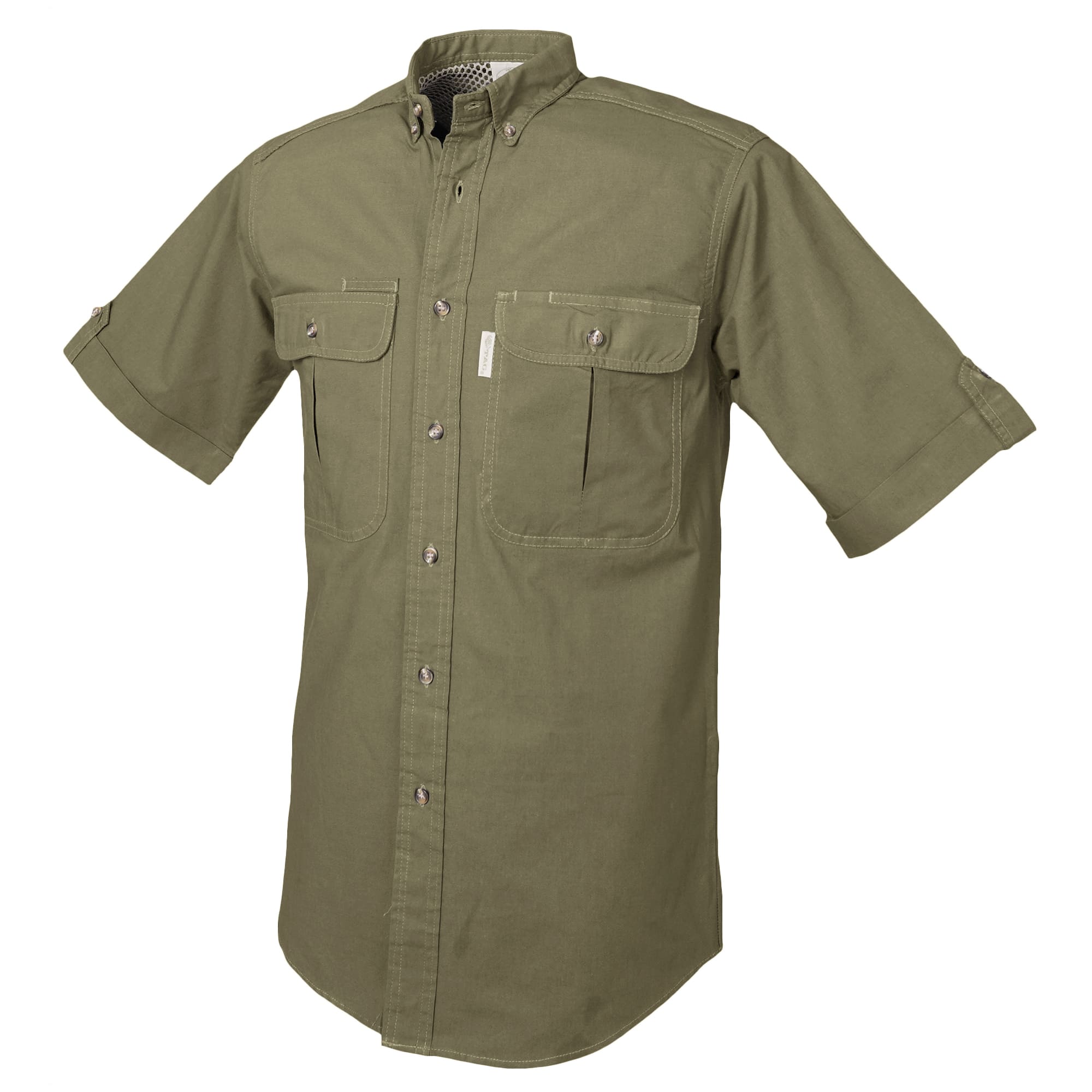 Green short-sleeve shirt with two front pockets on a white background