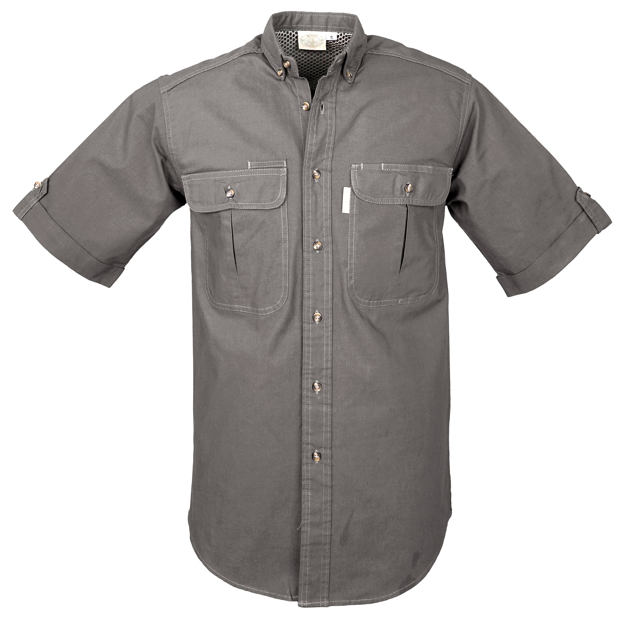 Beige short-sleeve shirt with two front pockets on a white background