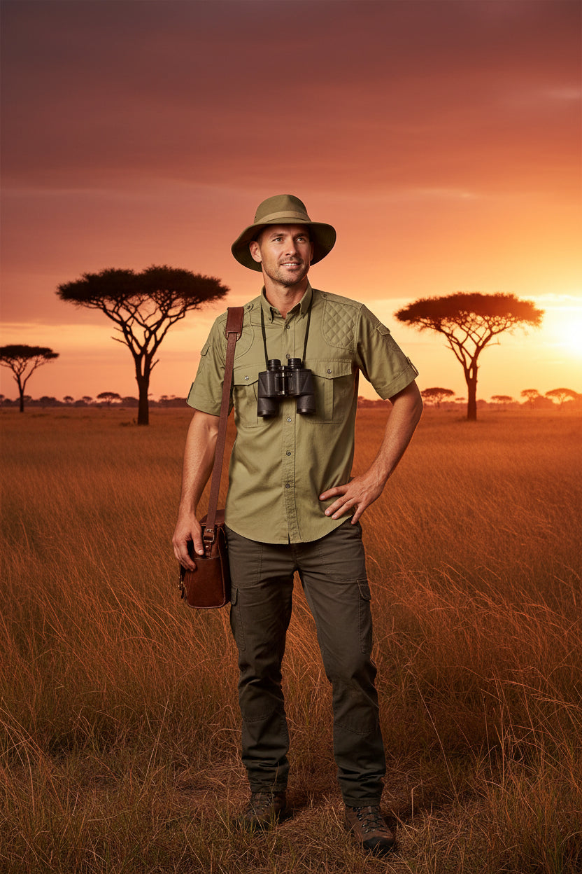 Khaki short-sleeve shirt with pockets on a white background