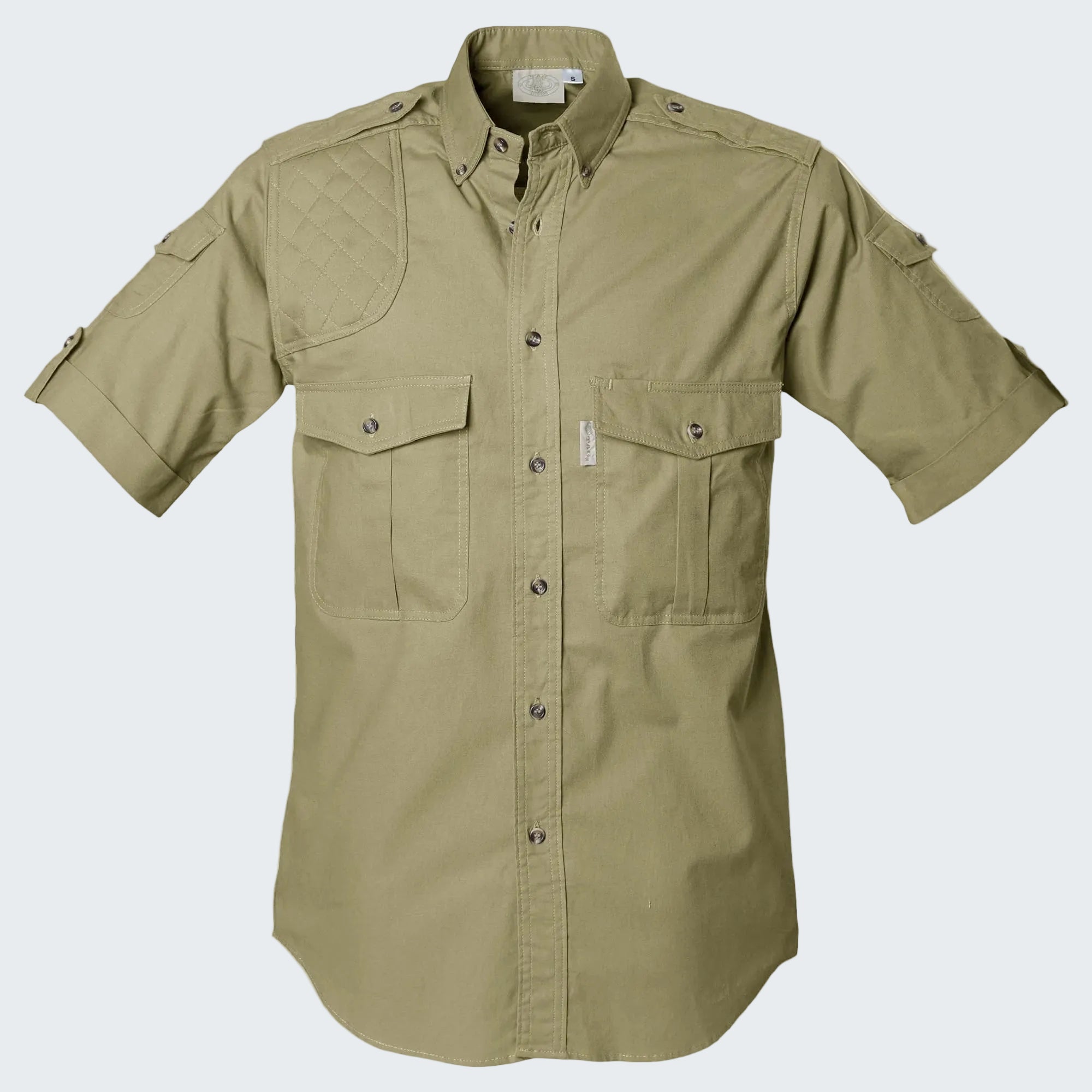 Khaki short-sleeve shirt with pockets on a white background