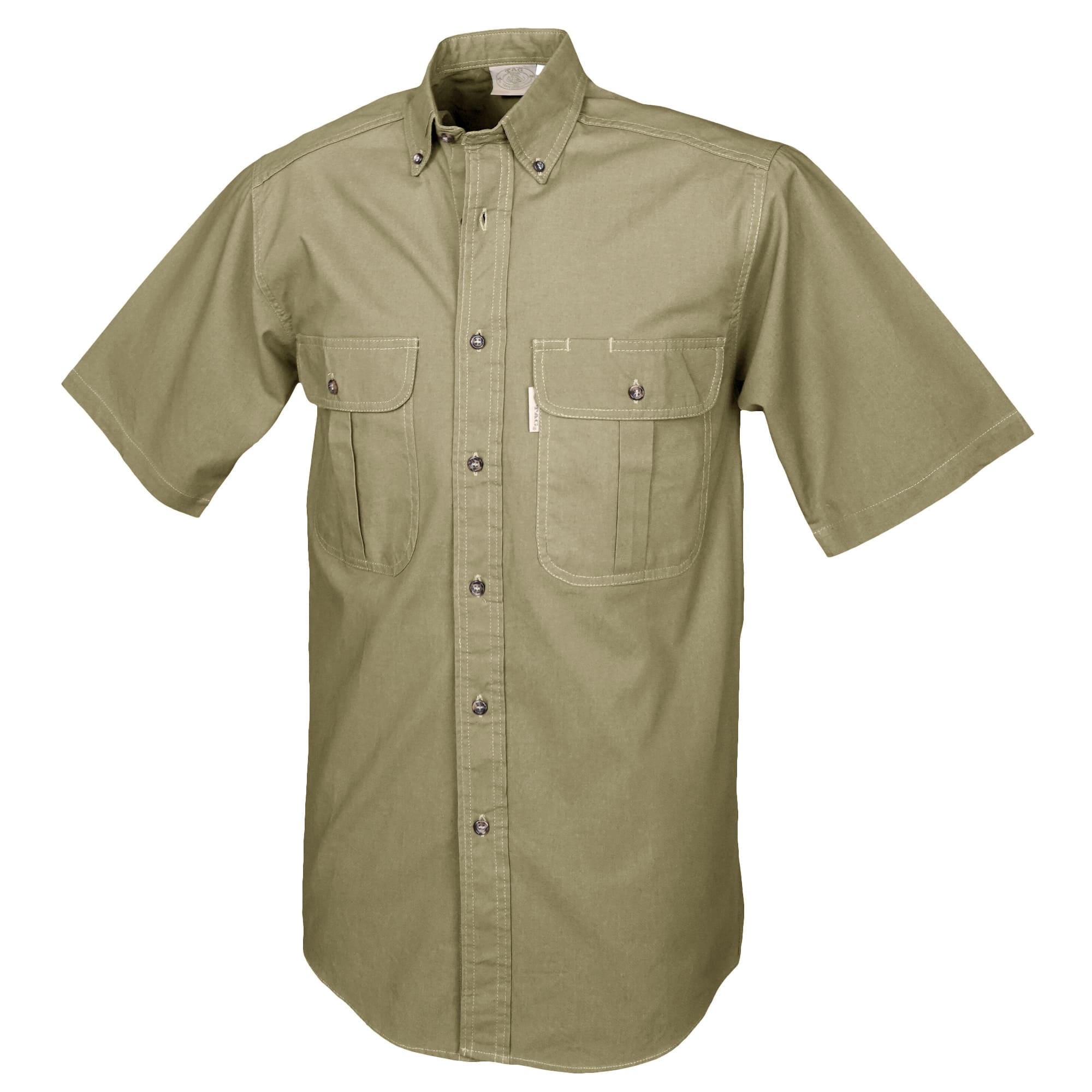 Green short-sleeve shirt with two front pockets on a white background