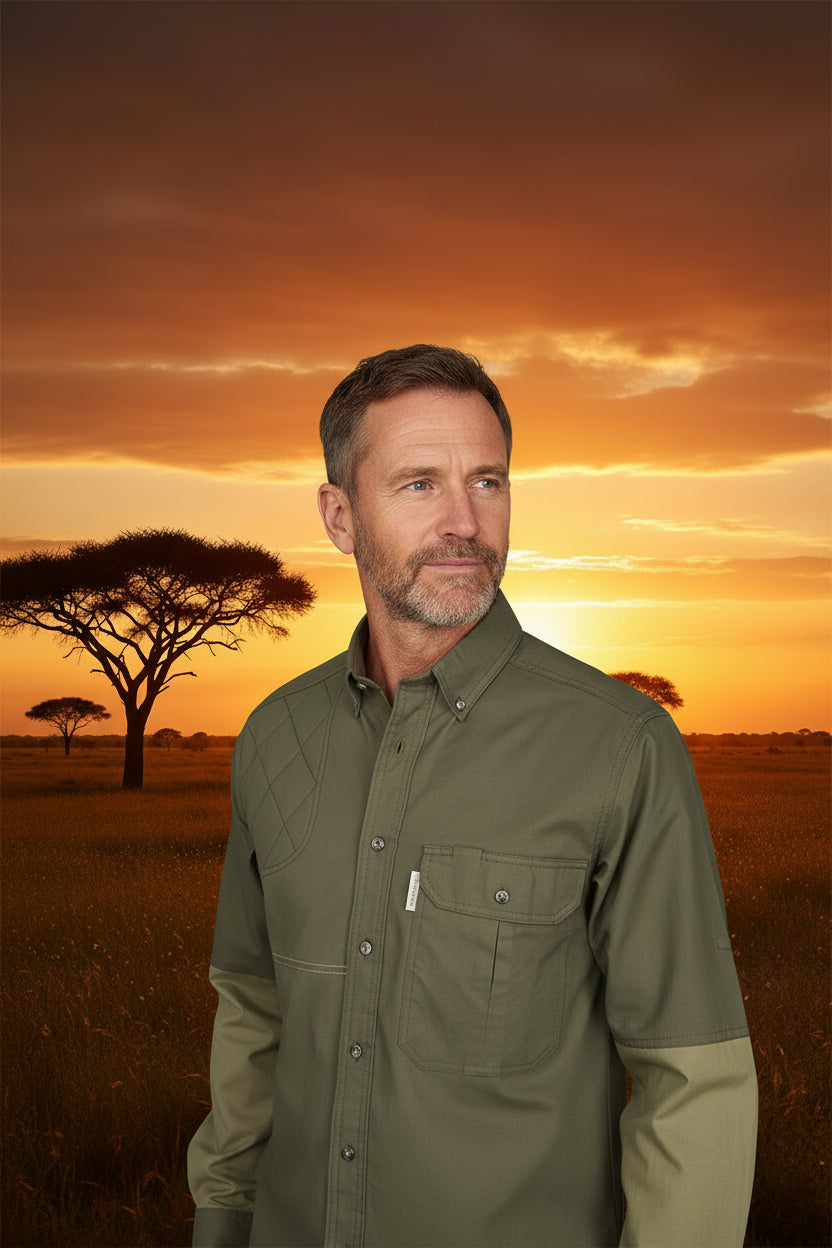 Green shirt with two-tone design on a white background