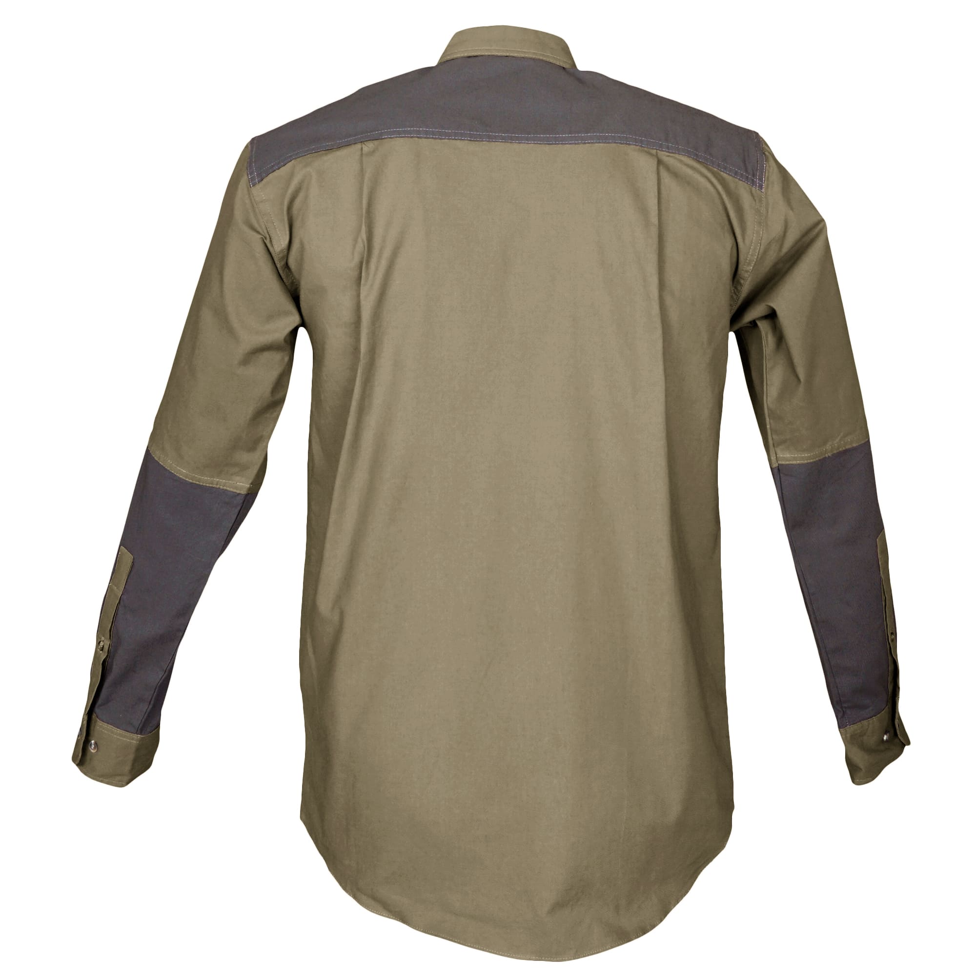 Green shirt with dark gray sleeves and collar on a white background