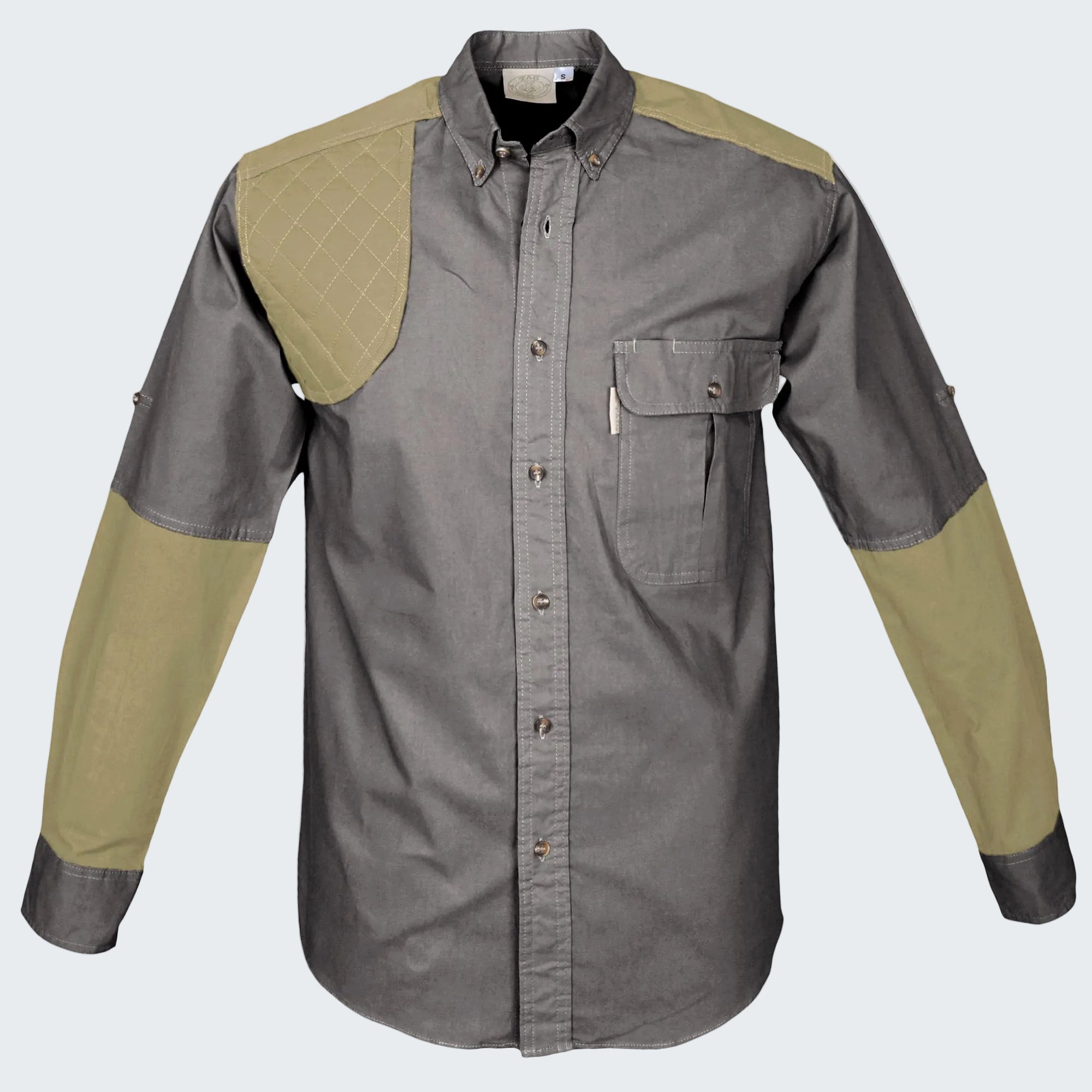 Long-sleeve shirt with gray and green color block design on a white background