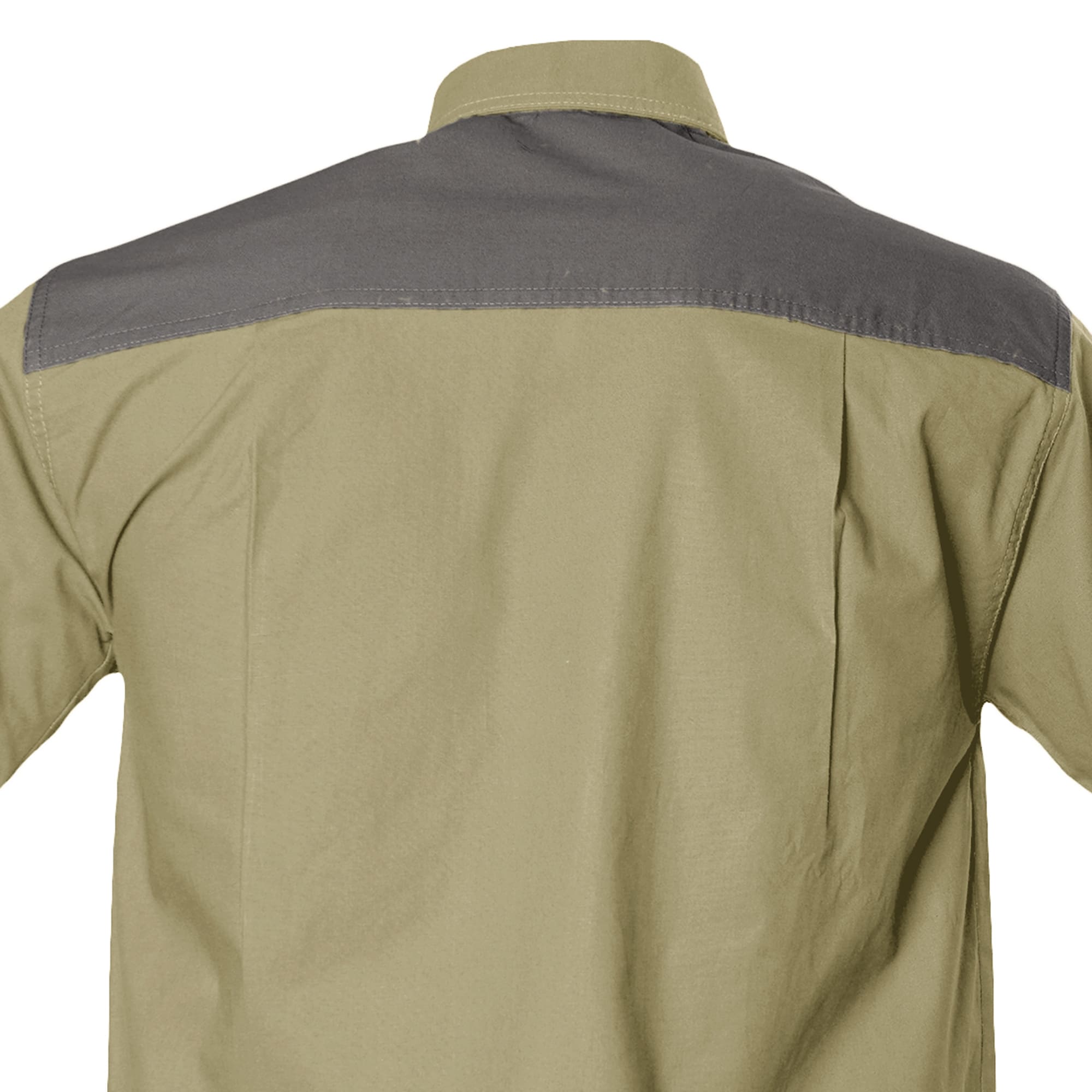 Back view of a green and gray shirt on a white background