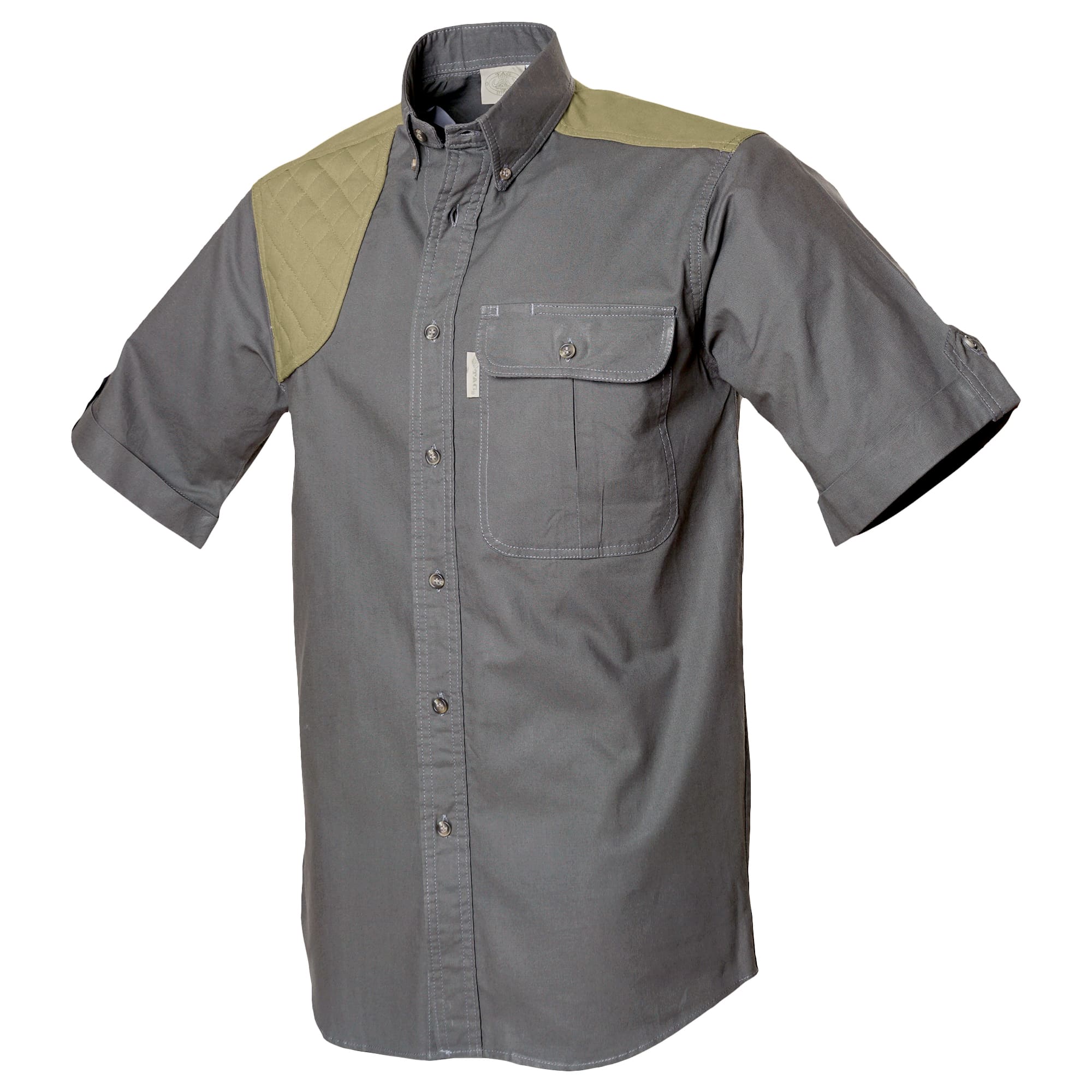 Gray short-sleeve shirt with green shoulder panels on a white background