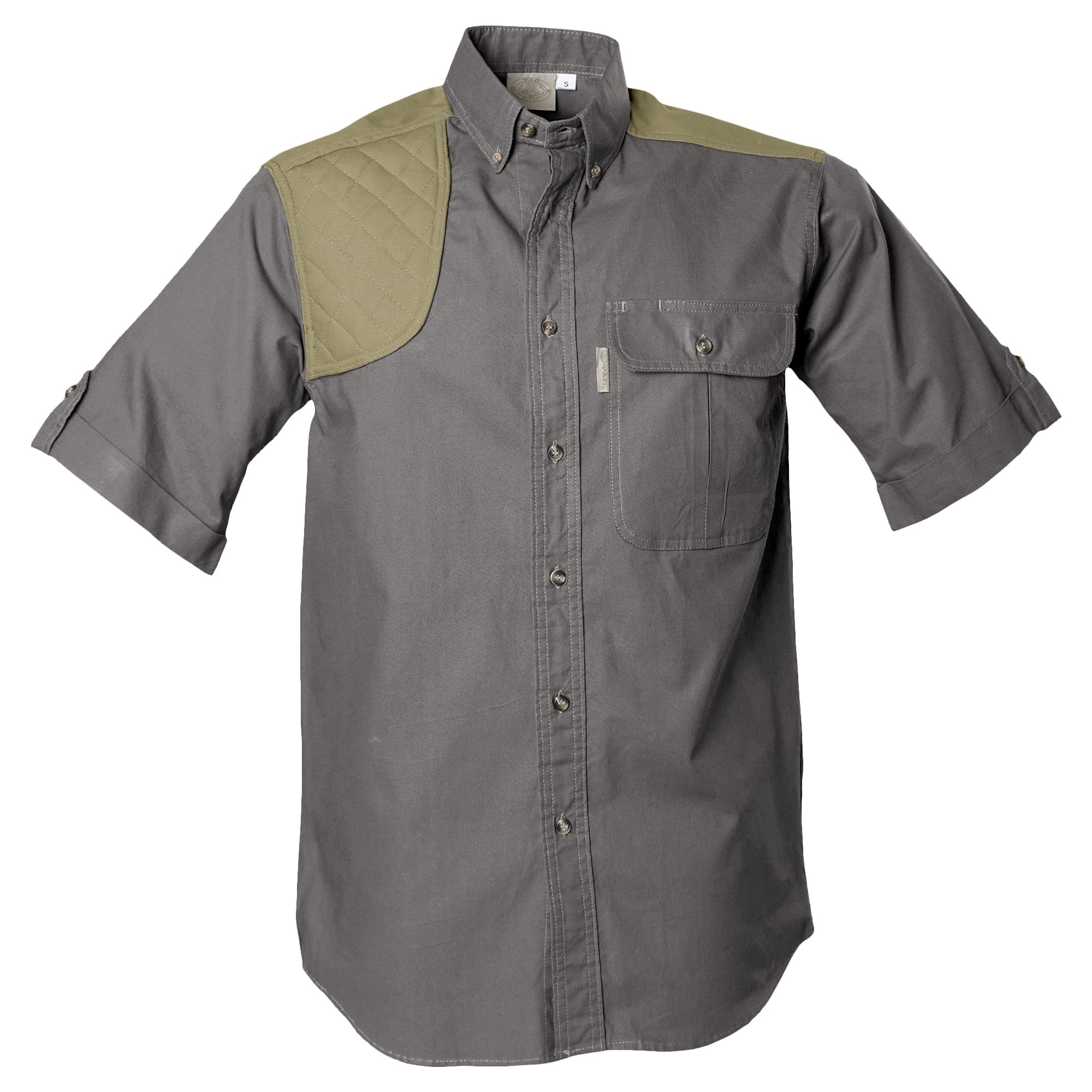 Gray shirt with green shoulder patch on a white background