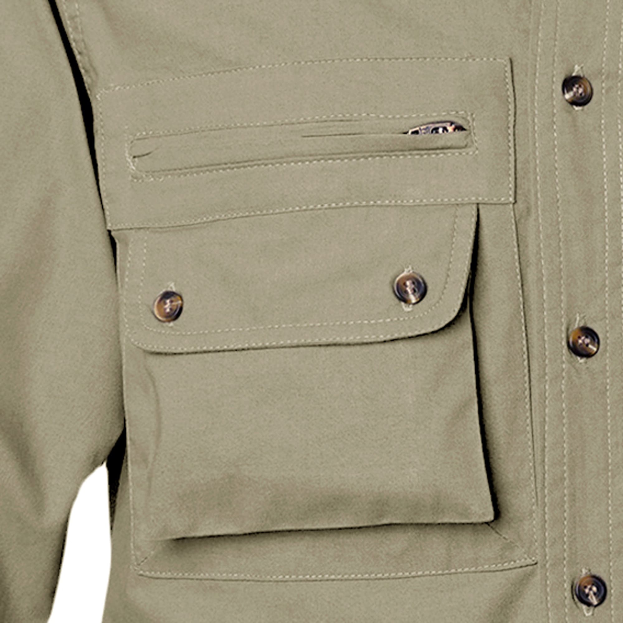 Close-up of a green jacket with two front pockets and button closures.