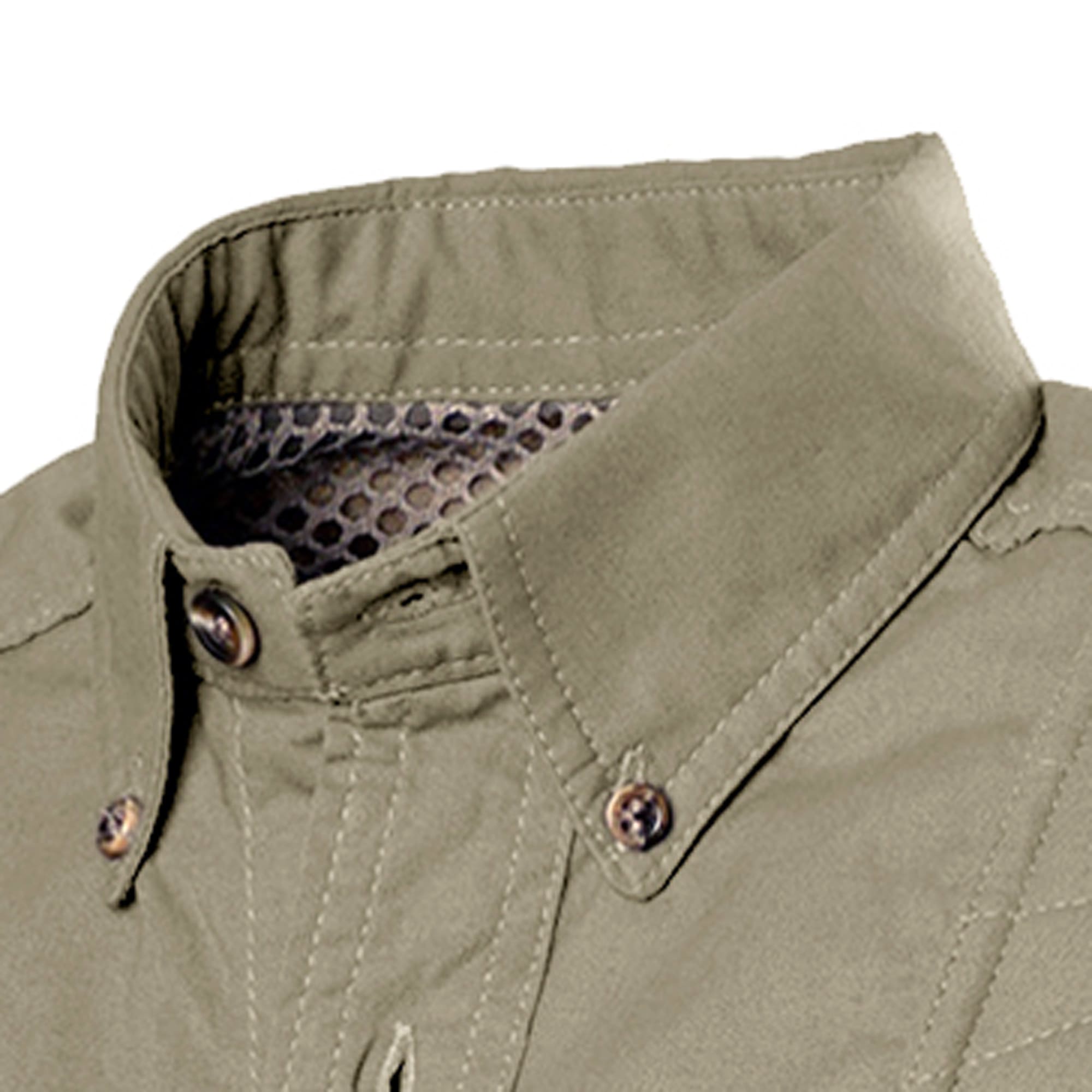 Close-up of a green jacket collar with buttons on a white background