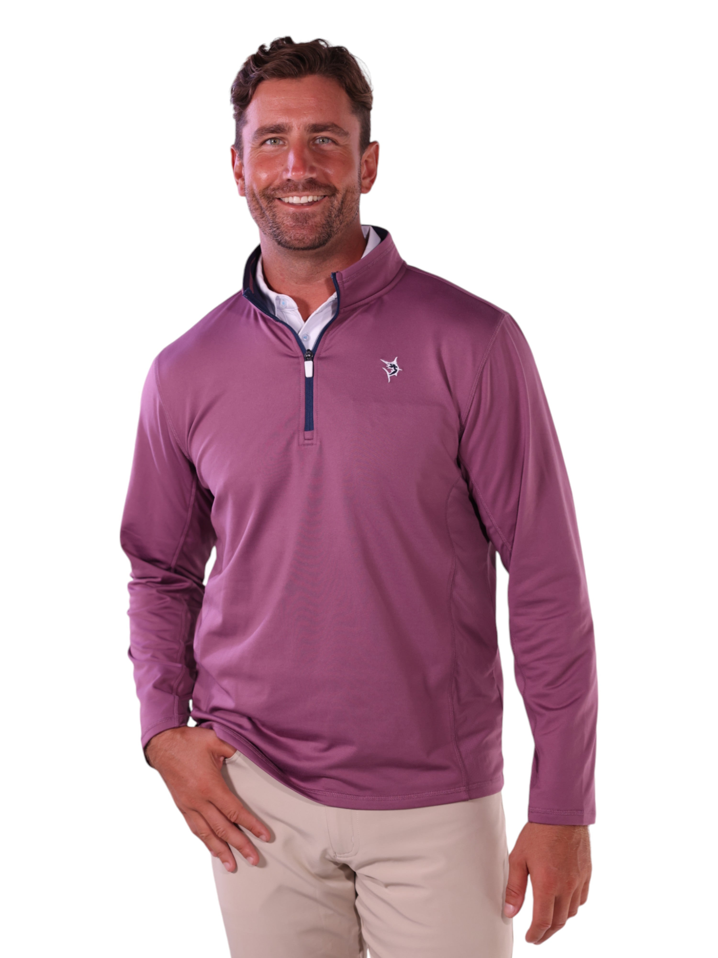 Man wearing a purple long-sleeve shirt with a collar on a white background
