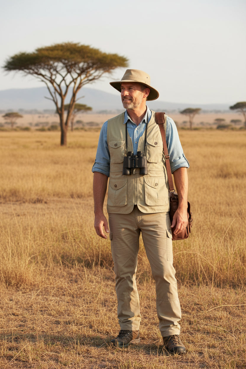Khaki vest with multiple pockets on a white background
