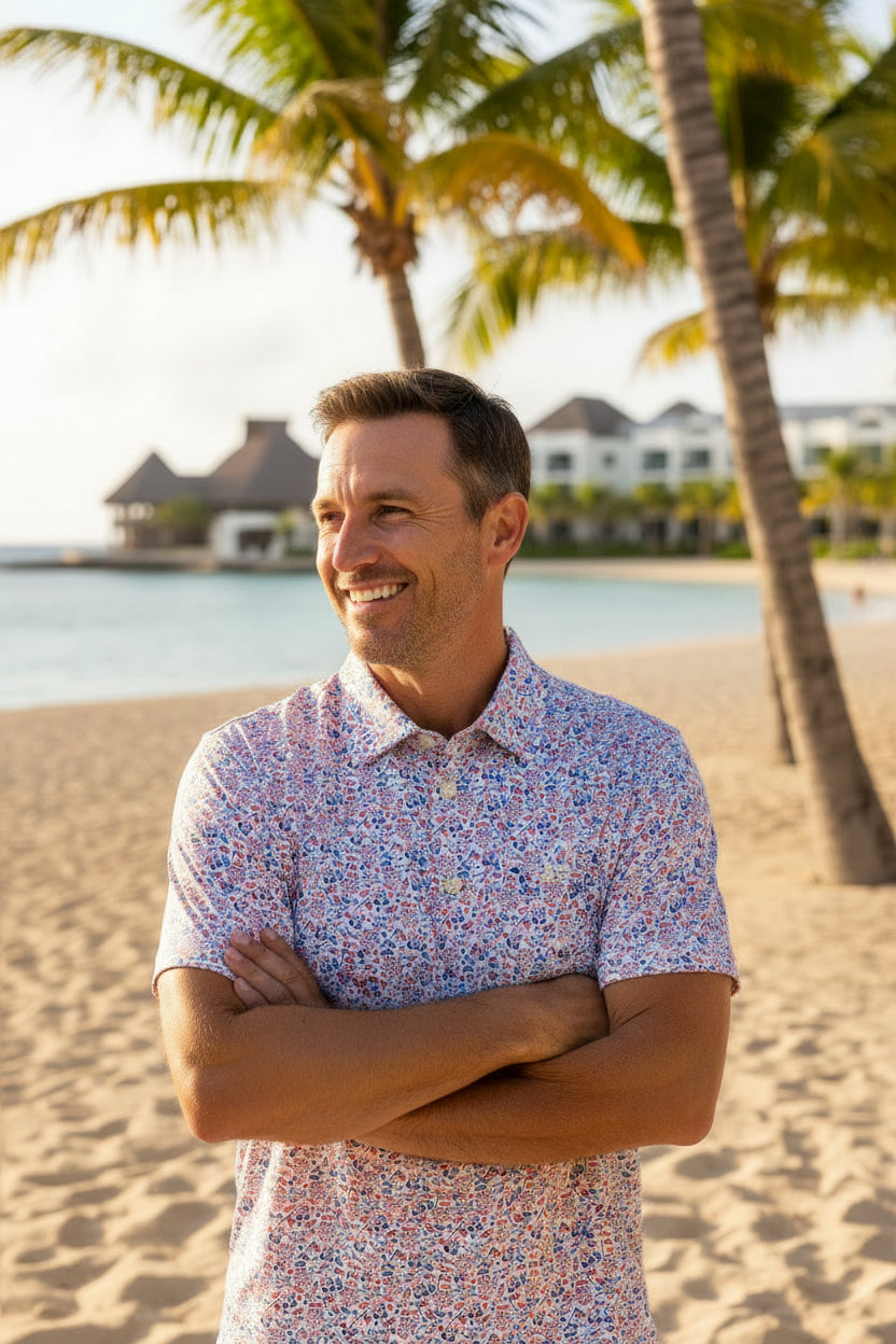 Shirt with colorful pattern and 'JACK' branding on a white background