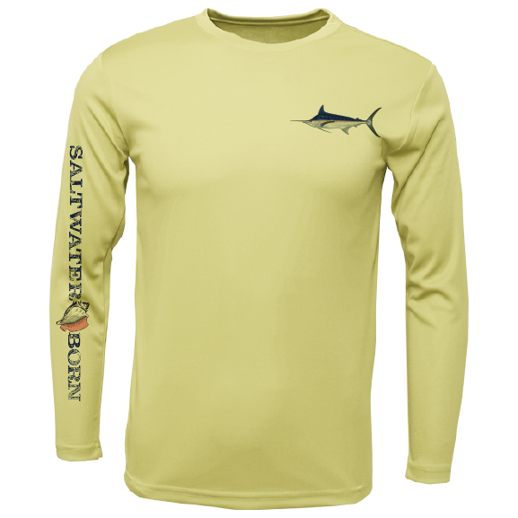 Yellow long-sleeve shirt with fish design and 'Saltwater Born' text on a white background