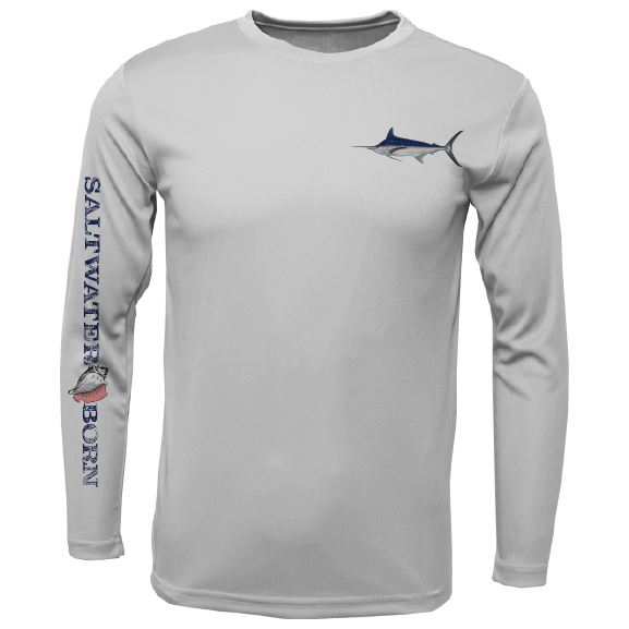 Gray long-sleeve shirt with fish graphics and 'Saltwater Born' text on a white background