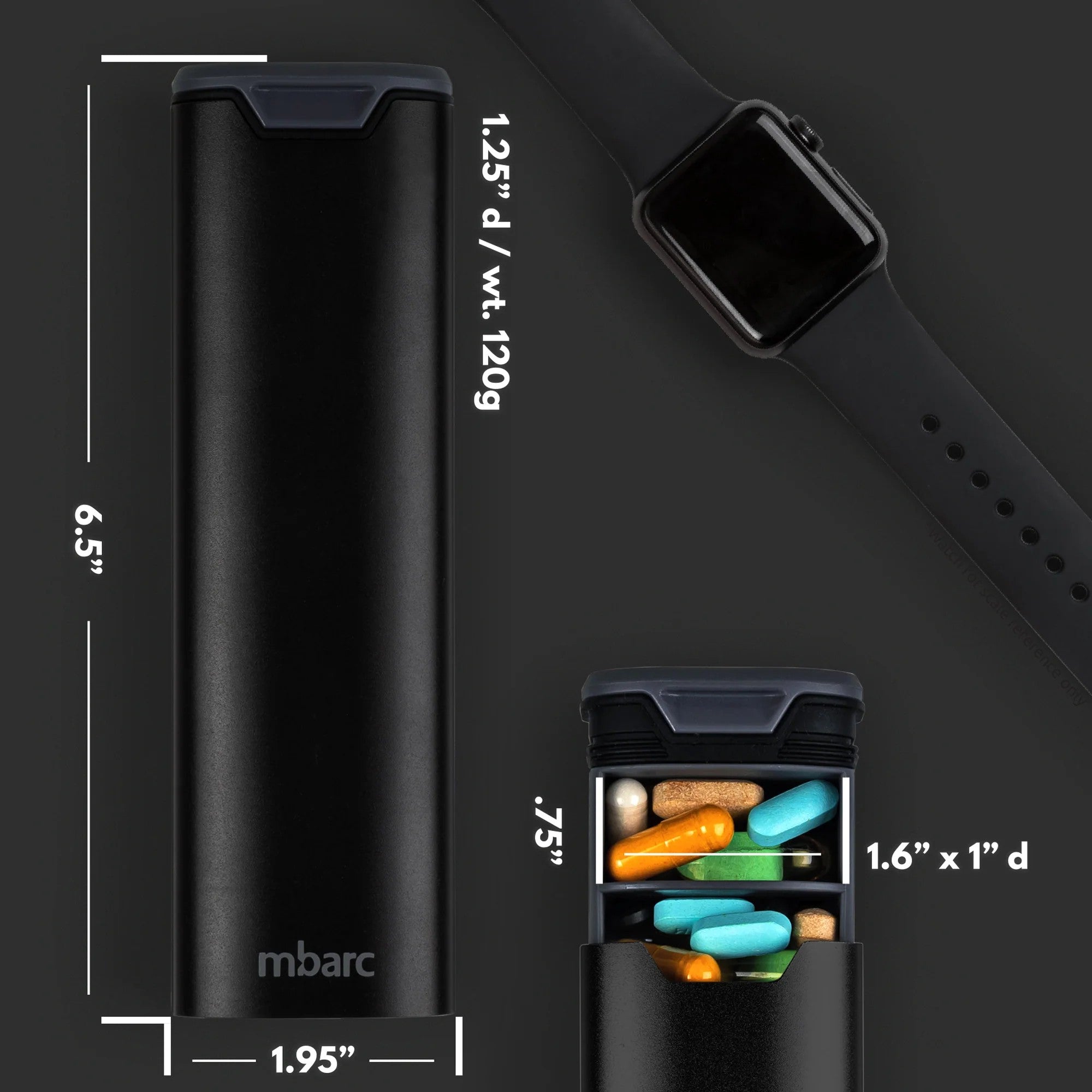 Black pill organizer with dimensions and a smartwatch on a dark background