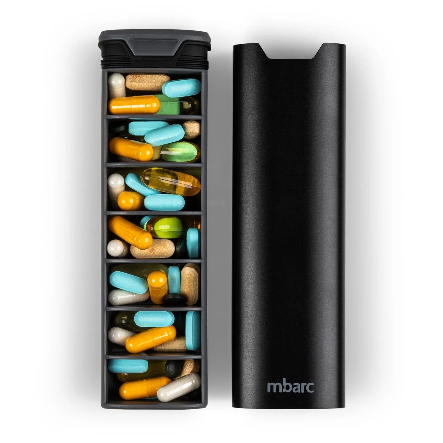 Black pill organizer with colorful pills and 'mbarc' branding on a white background