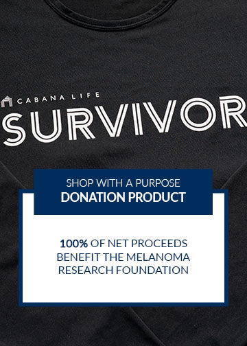 Black t-shirt with 'SURVIVOR' text and Cabana Life logo, featuring a donation product message.