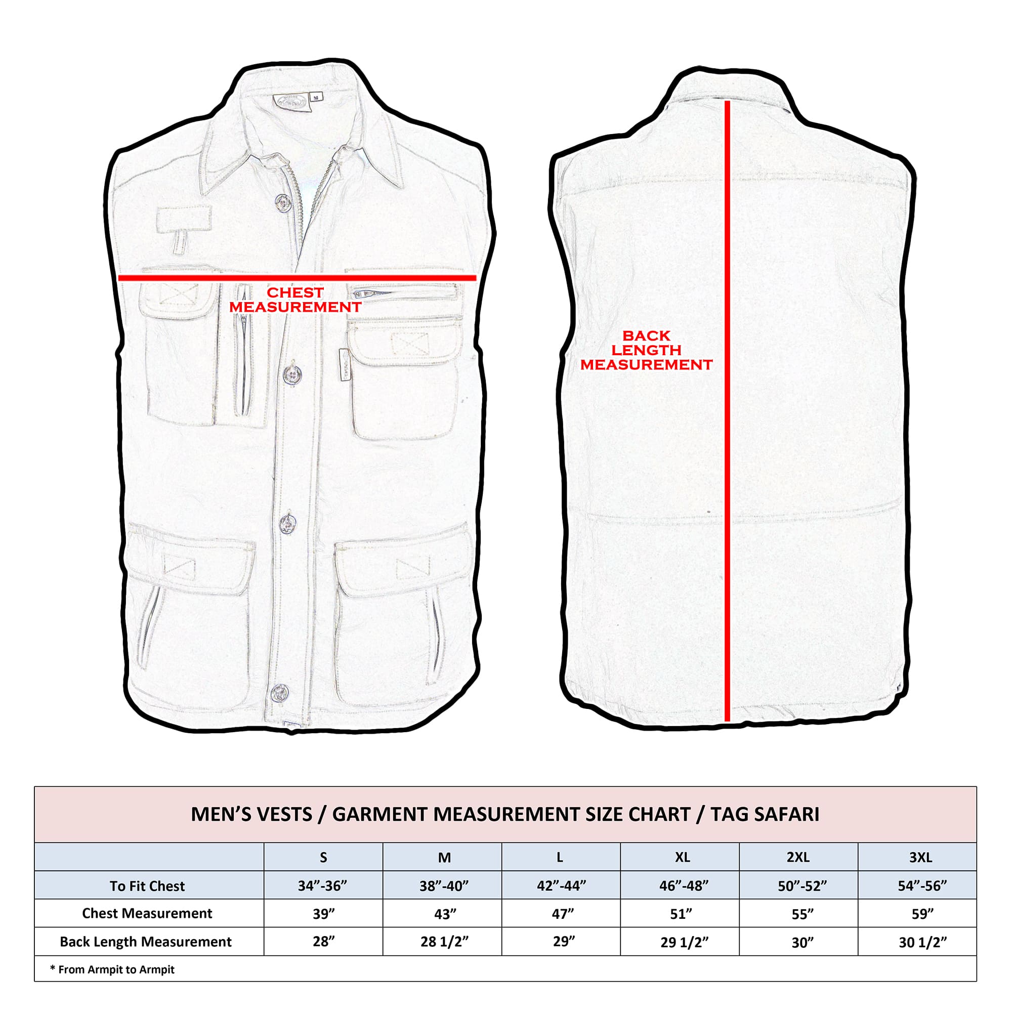 Measurement guide for men's vests with chest and back length measurements on a white background.