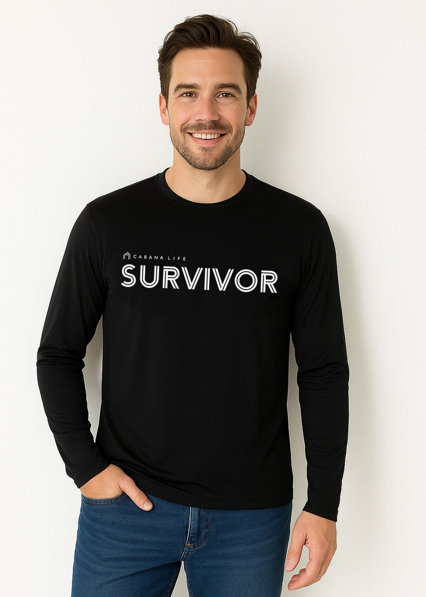 Man wearing a black long-sleeve shirt with 'Mycroft Life Survivor' text on a white background