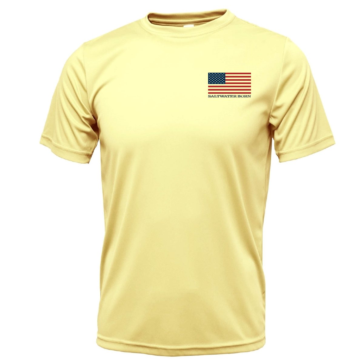 Yellow t-shirt with American flag and text on a white background
