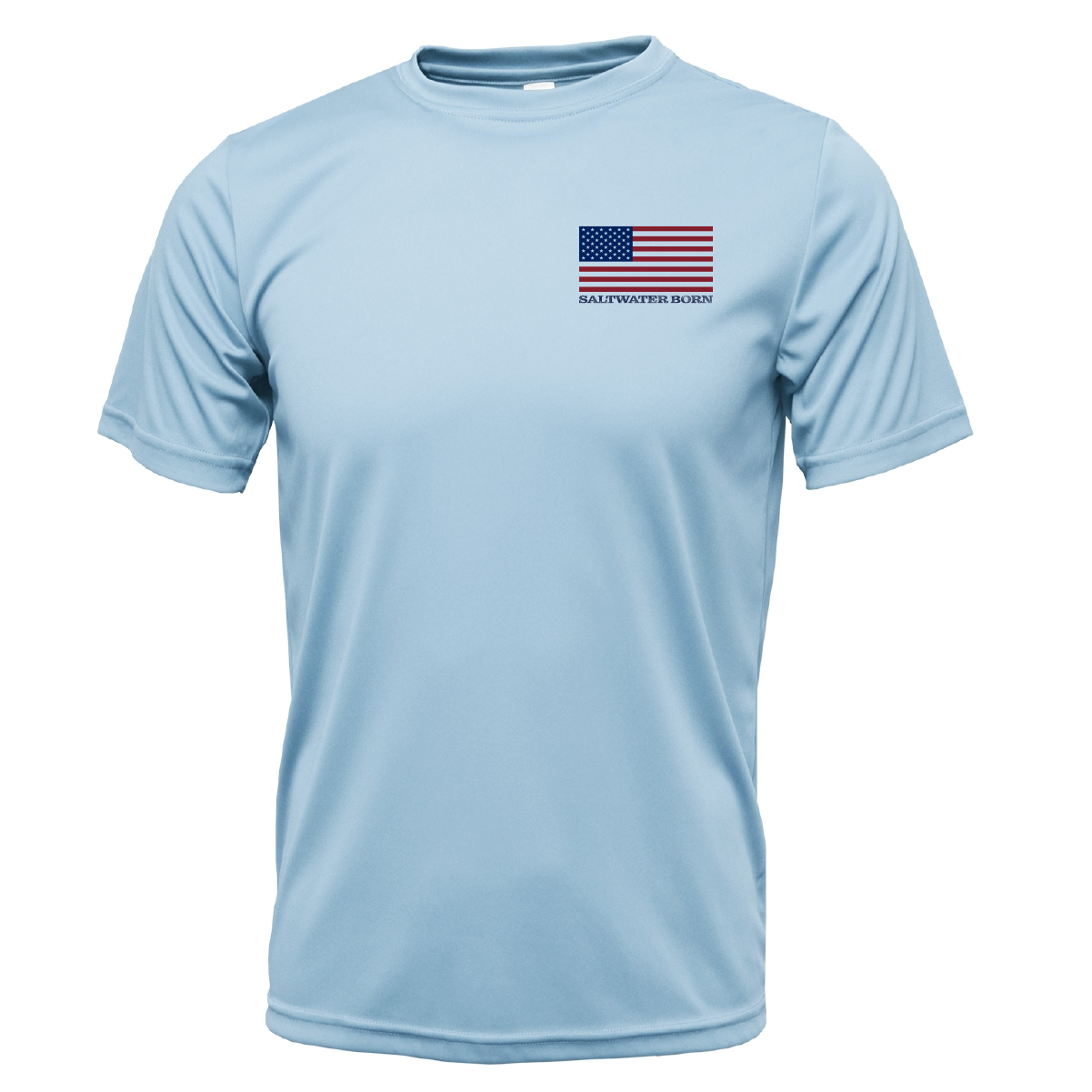 Light blue t-shirt with an American flag logo on a white background