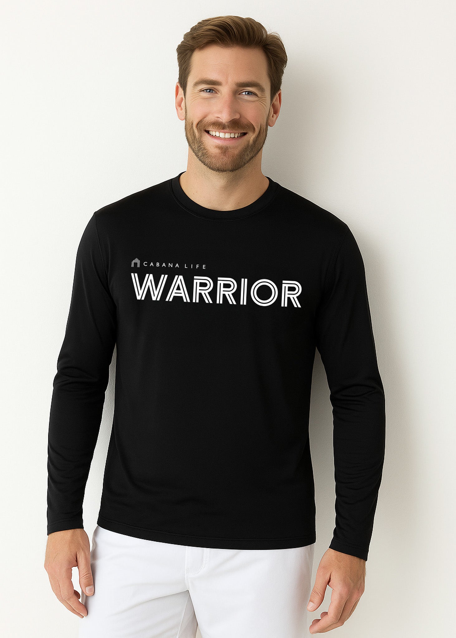 Man wearing a black long-sleeve shirt with 'Warrior' printed on it against a white background