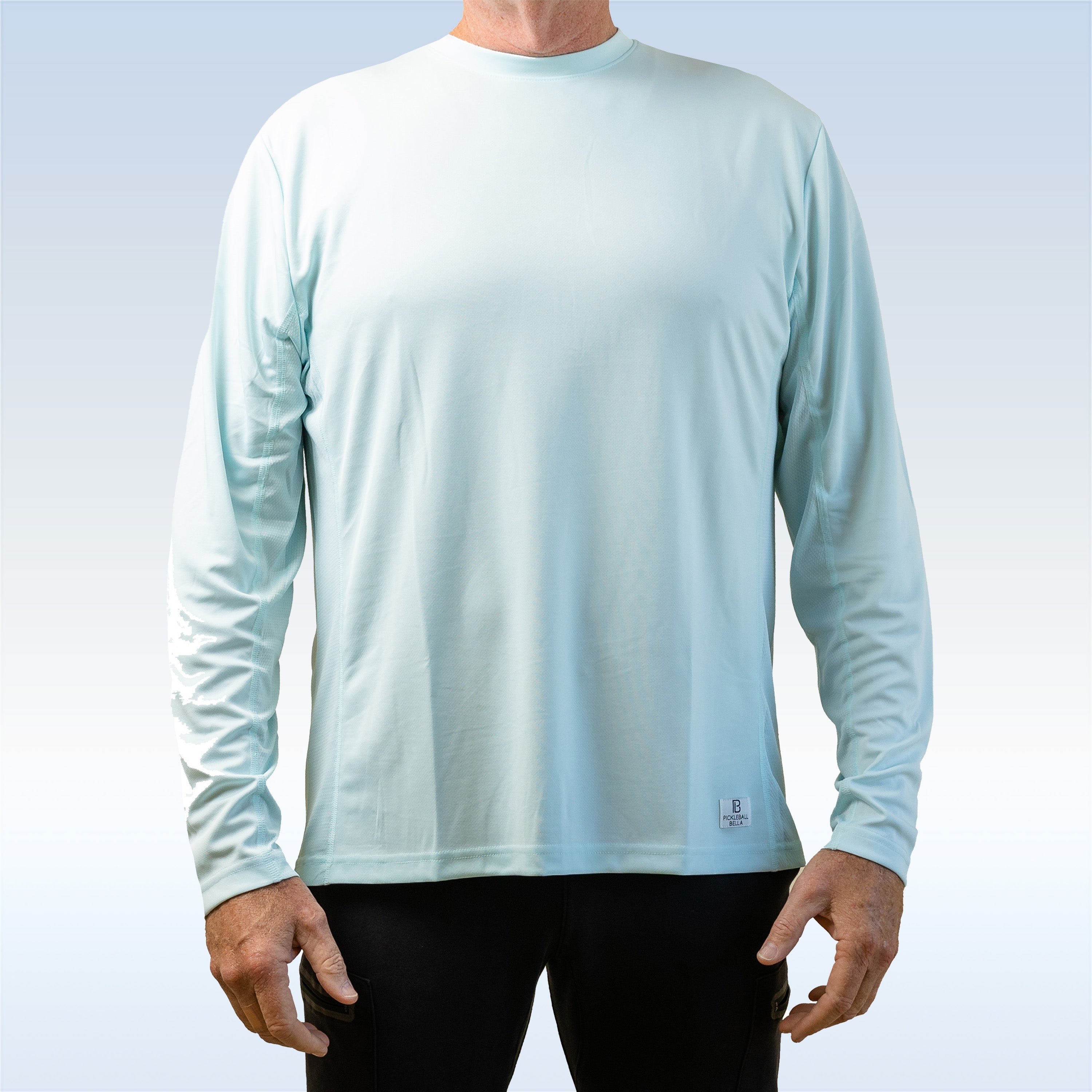 Light blue long-sleeve shirt worn by a person on a light gray background