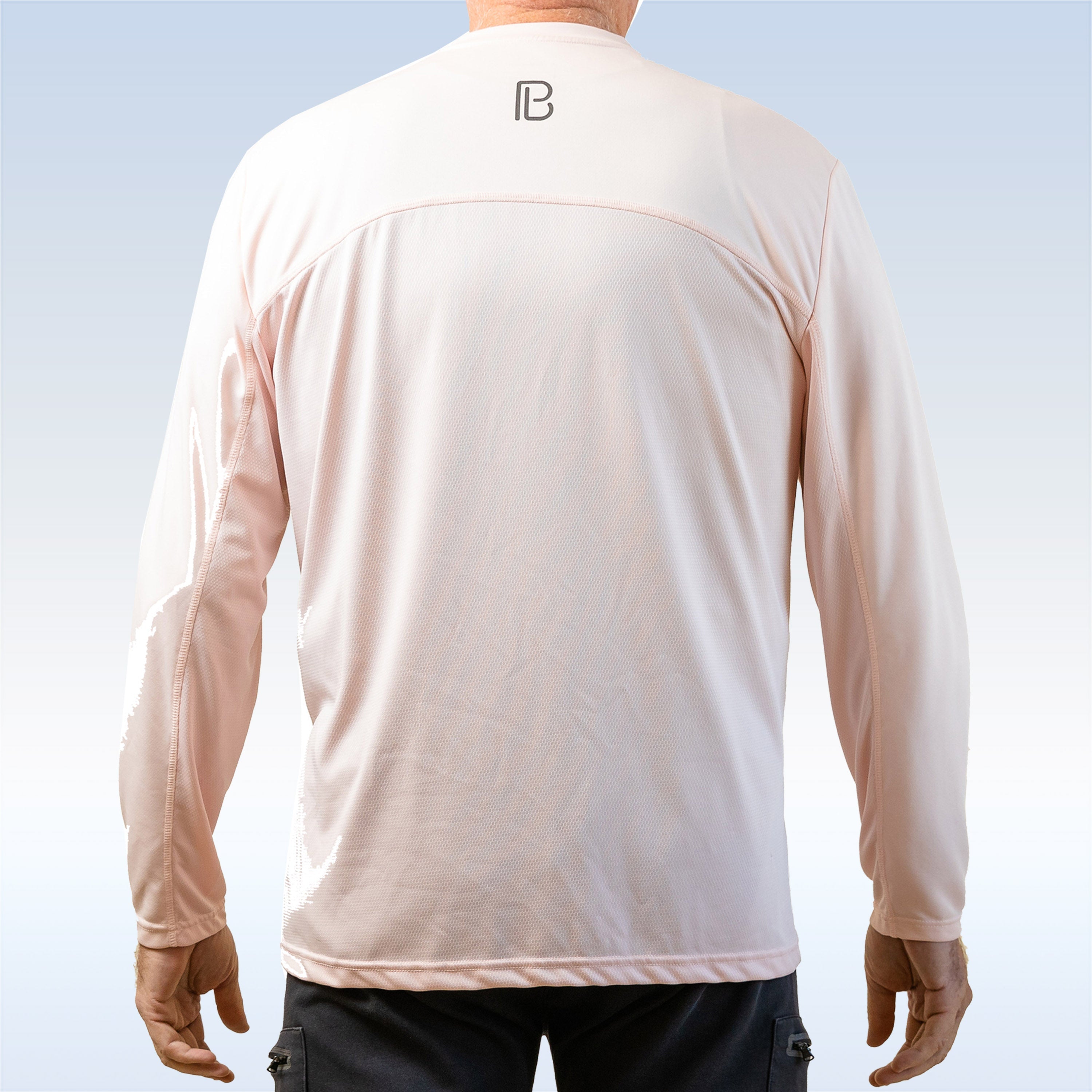Beige long-sleeve shirt with a logo on the back against a light blue background