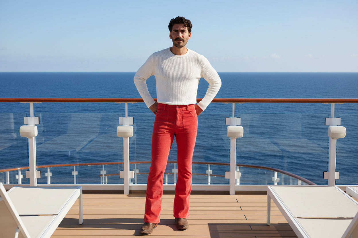 Man wearing a white shirt and red pants on a white background