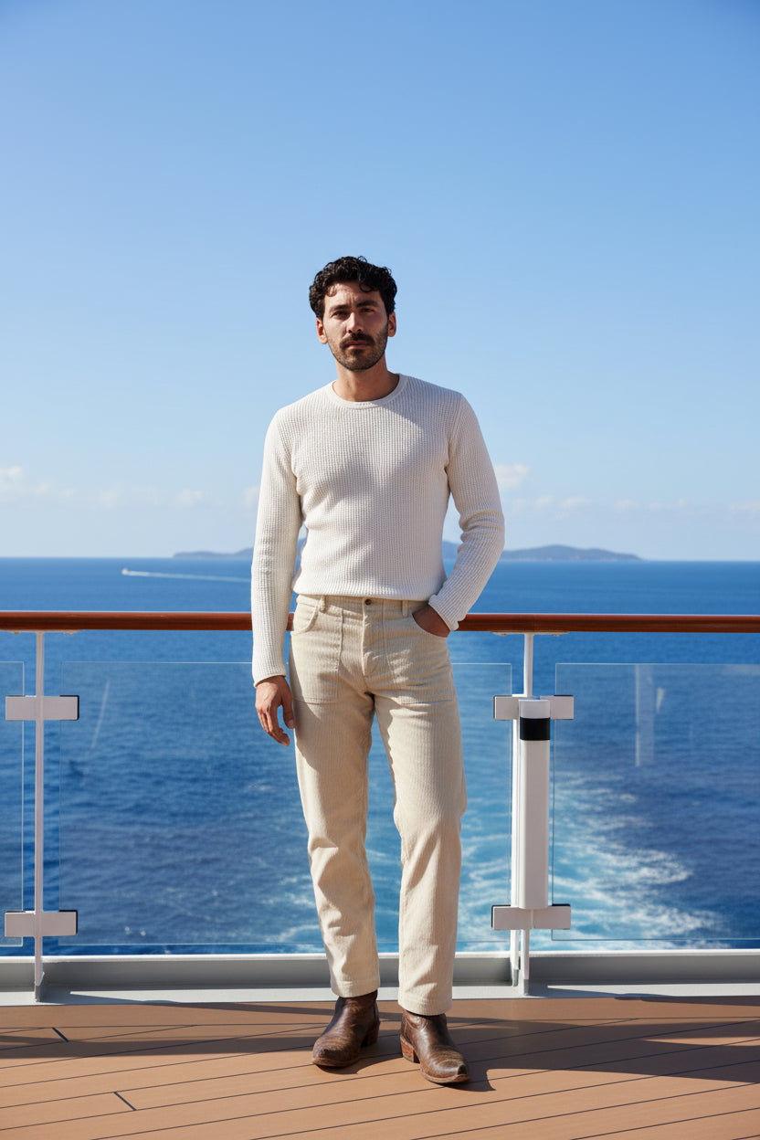 Man wearing a white long-sleeve shirt and beige pants on a white background
