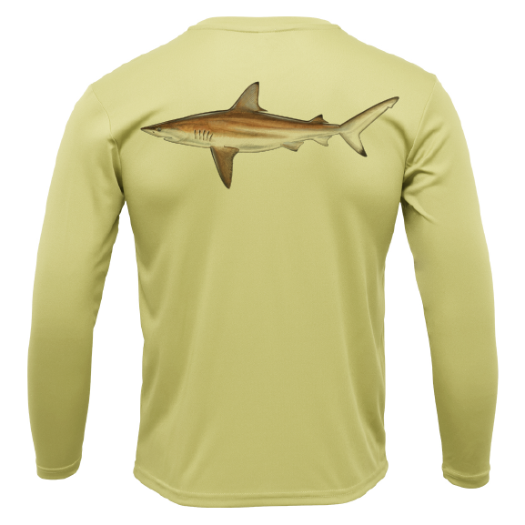 Light green long-sleeve shirt with a shark design on the back against a white background