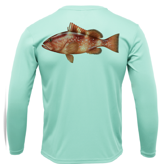 Light blue long-sleeve shirt with a fish graphic on the back against a white background