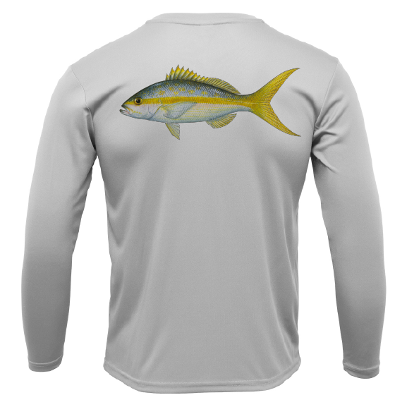 Gray long-sleeve shirt with a fish graphic on the back against a white background
