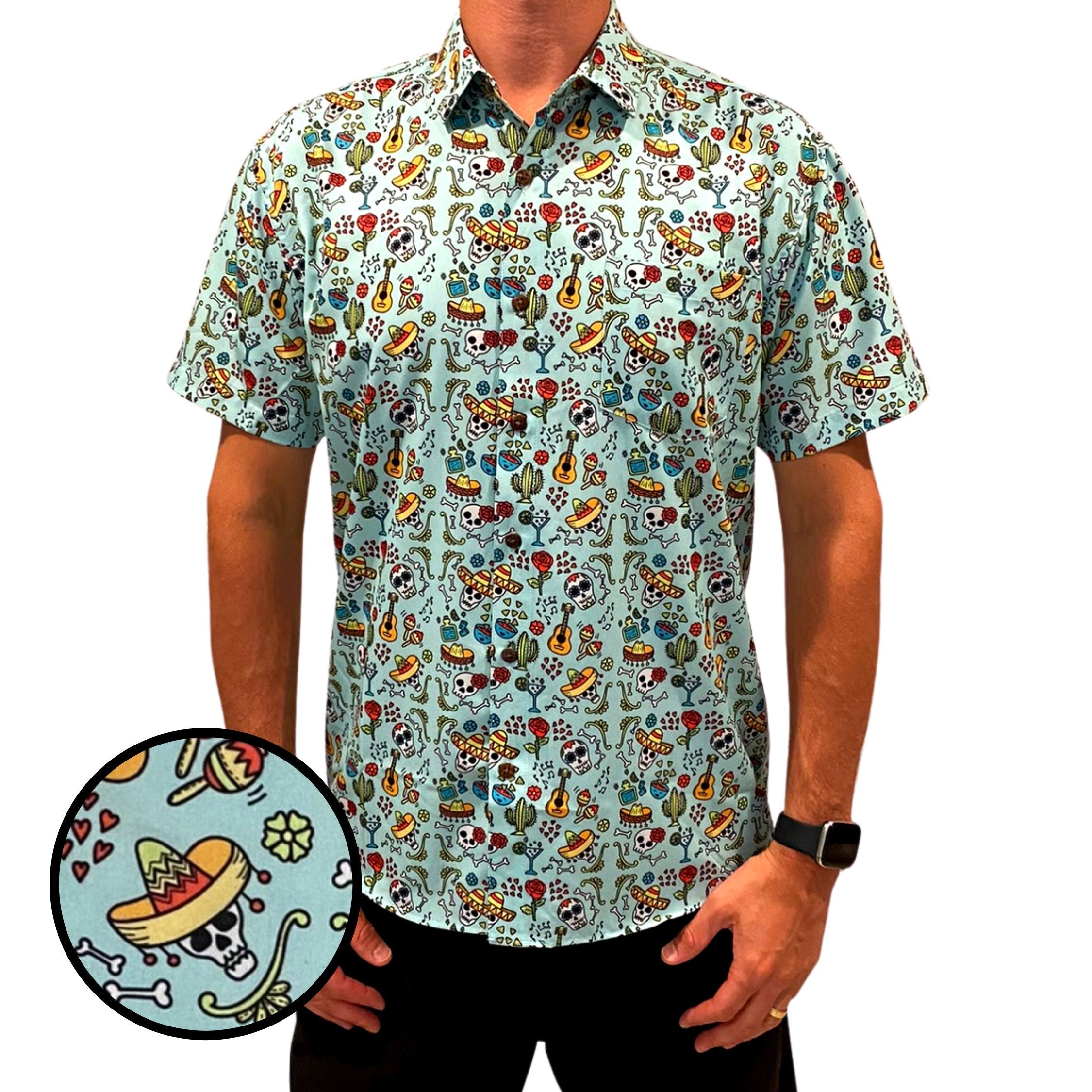 Man wearing a colorful patterned shirt with a close-up of the pattern on a white background