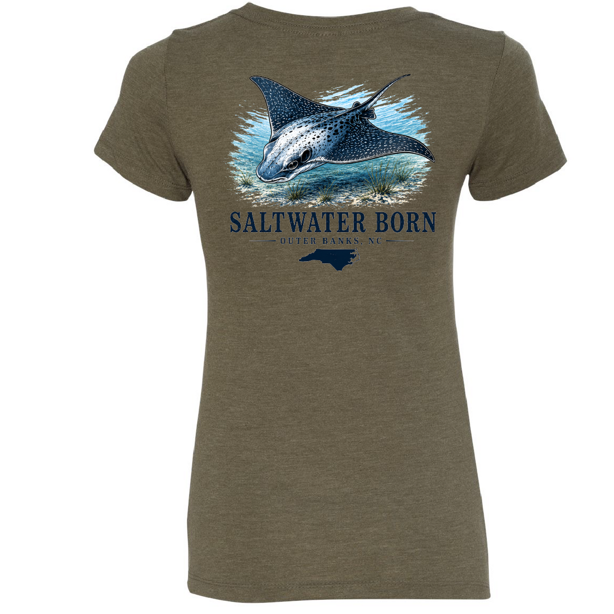 A women's heather olive green t-shirt featuring a graphic print of a manta ray in blue and white, with the text 'SALTWATER BORN' and 'GULF OF BAYNEX, TX' printed below it.