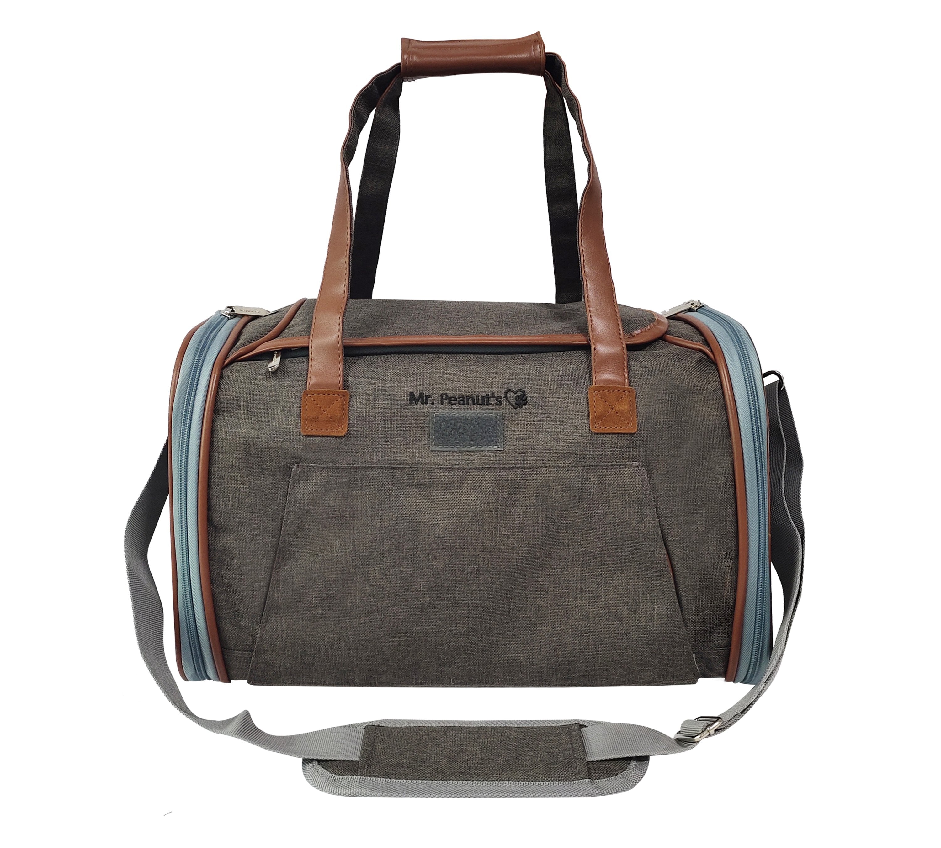 Gray duffel bag with brown leather straps on a white background