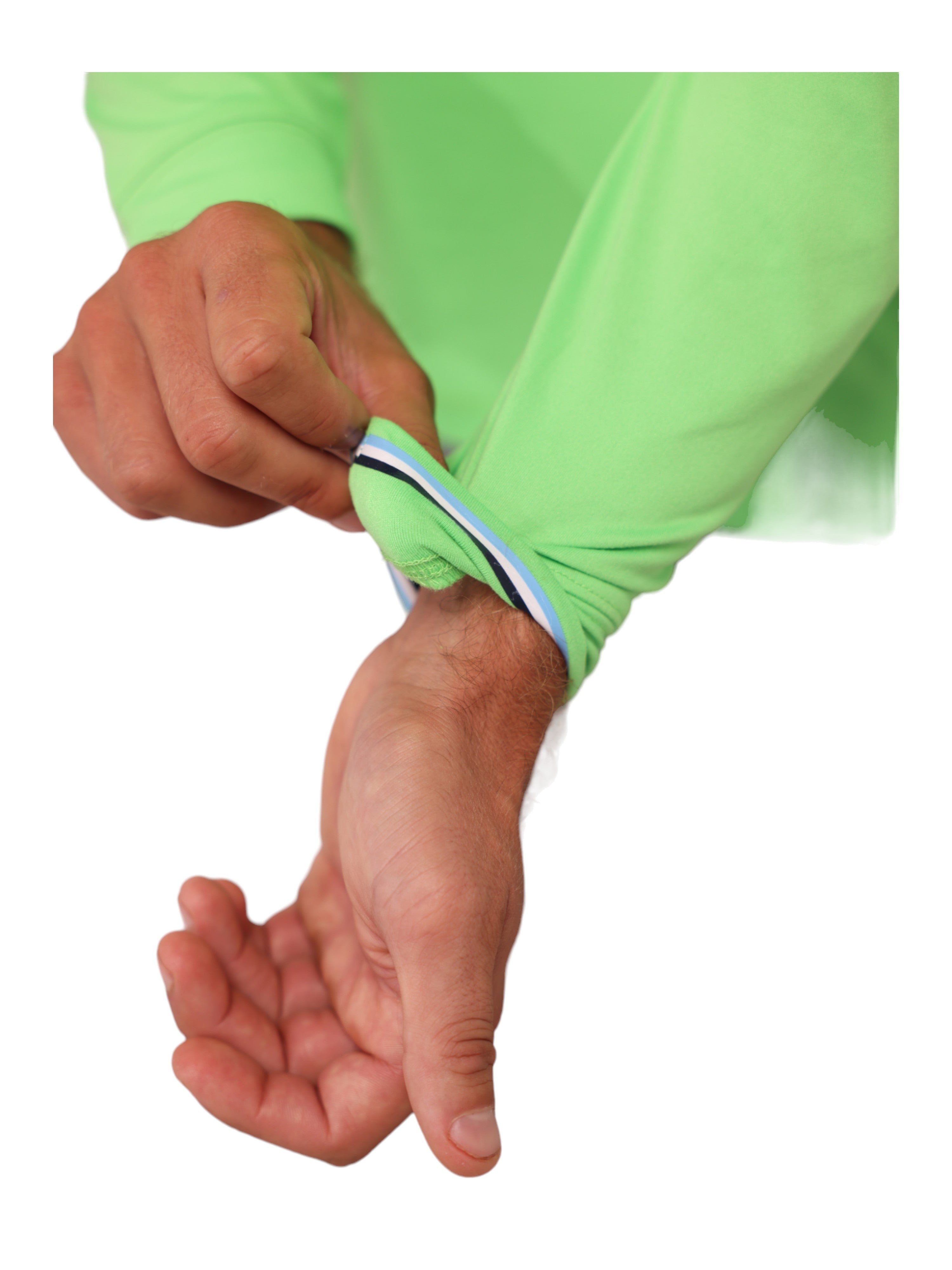 Person adjusting a green sleeve with a white background