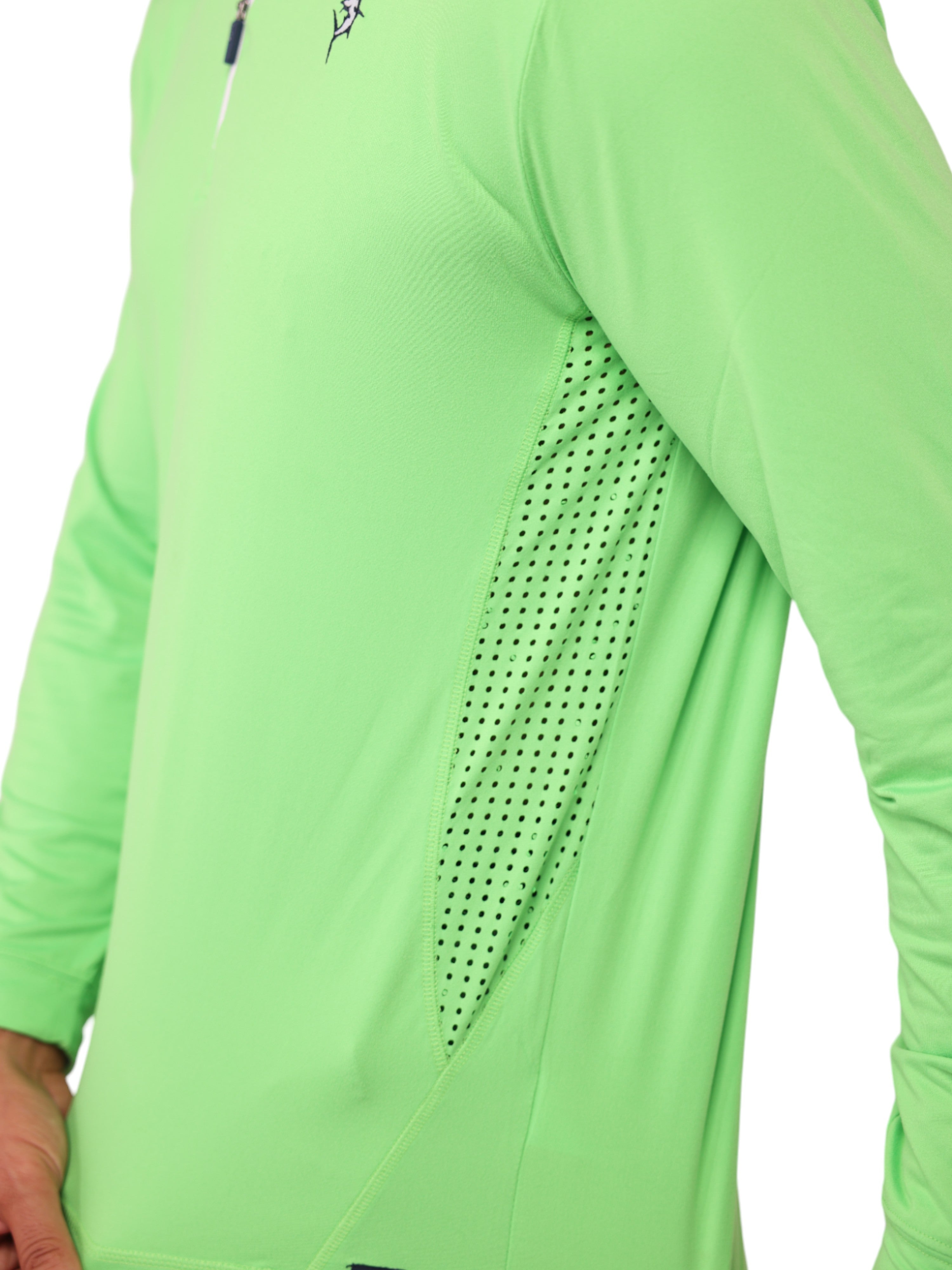 Close-up of a bright green athletic jacket with a brand logo on a white background