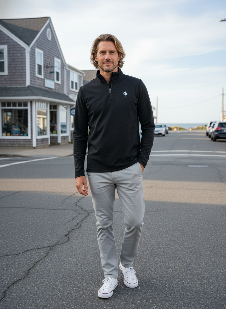 Man wearing a black jacket and gray pants standing on a street with buildings in the background