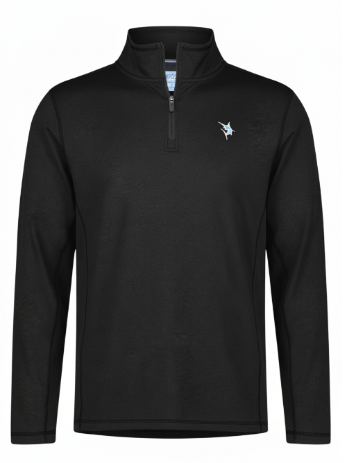 Black long-sleeve pullover with a small logo on the chest against a white background
