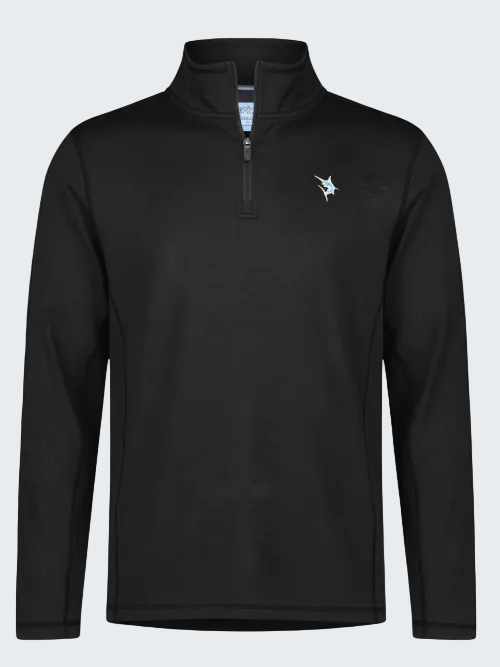 Black long-sleeve pullover with a small logo on the chest against a white background