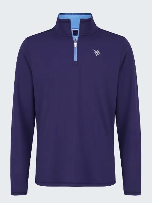 Purple long-sleeve shirt with a small logo on a white background