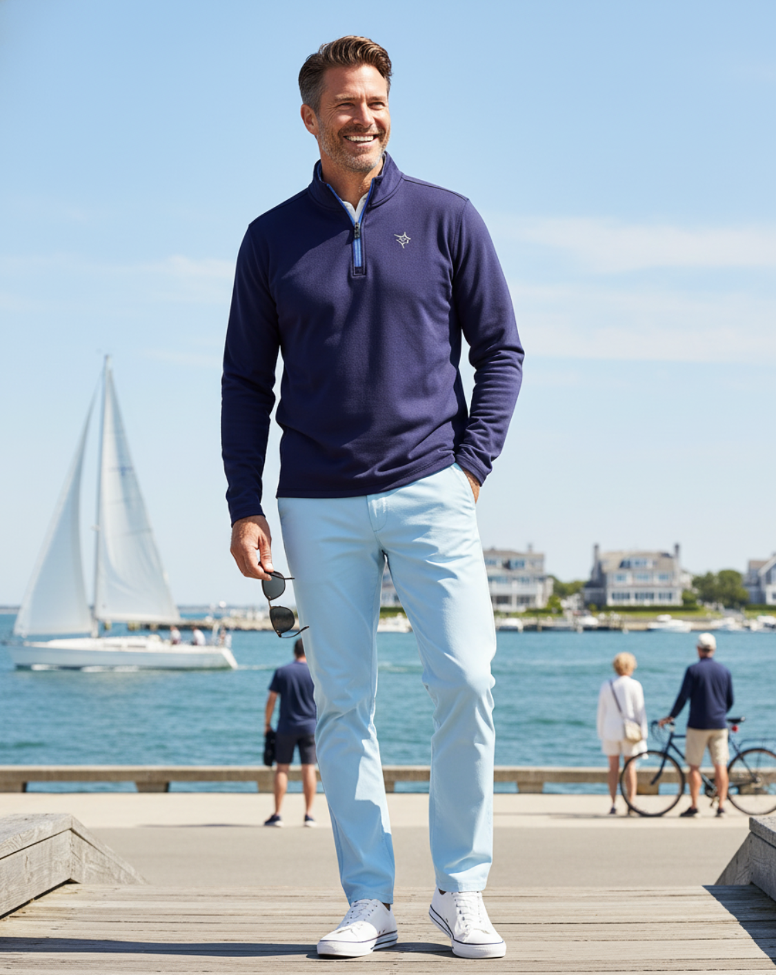 Man in navy sweater and light blue jeans standing by a waterfront with sailboats and people in the background.