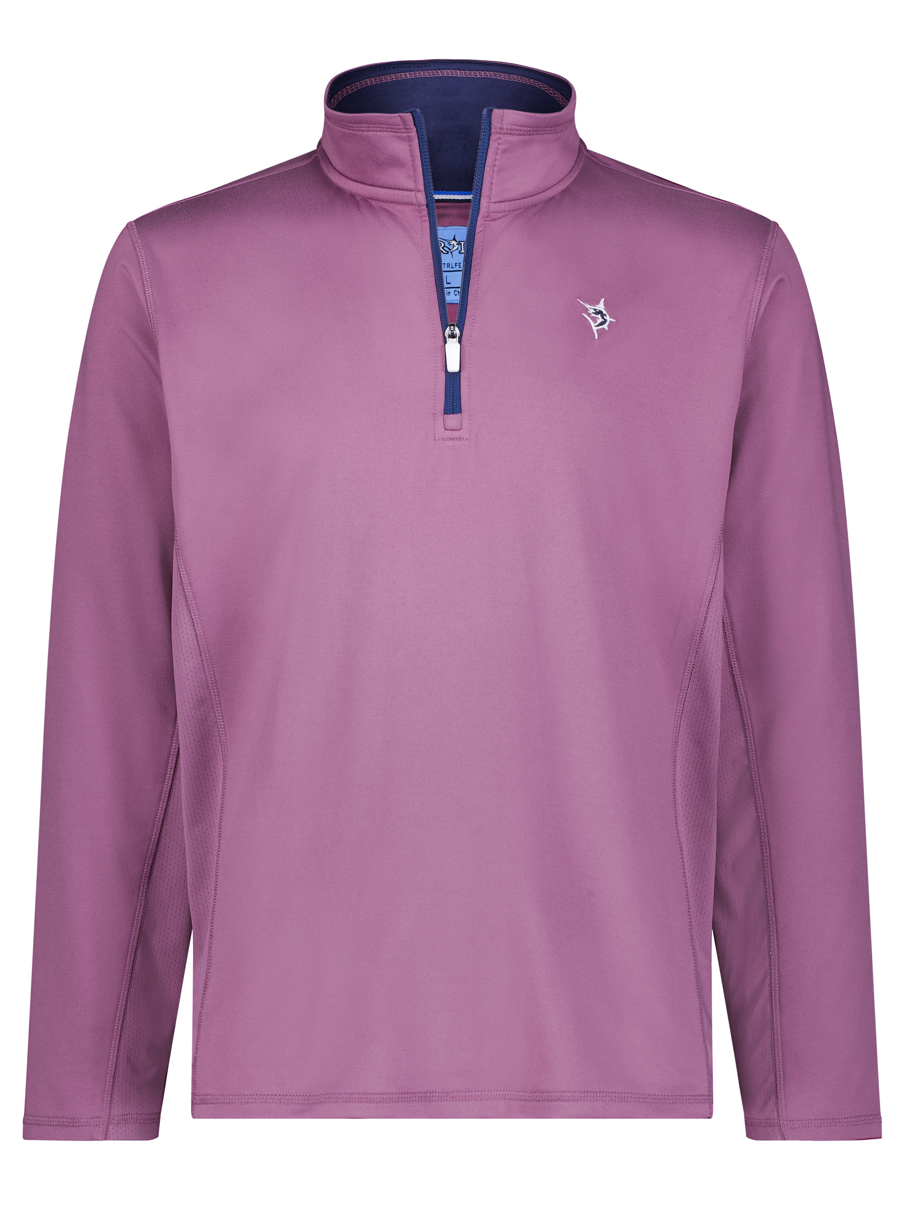 Purple long-sleeve shirt with a small logo on a white background