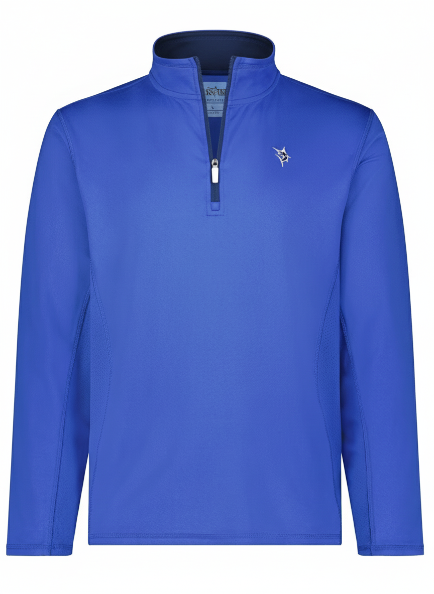 Blue long-sleeve shirt with a quarter zip on a white background