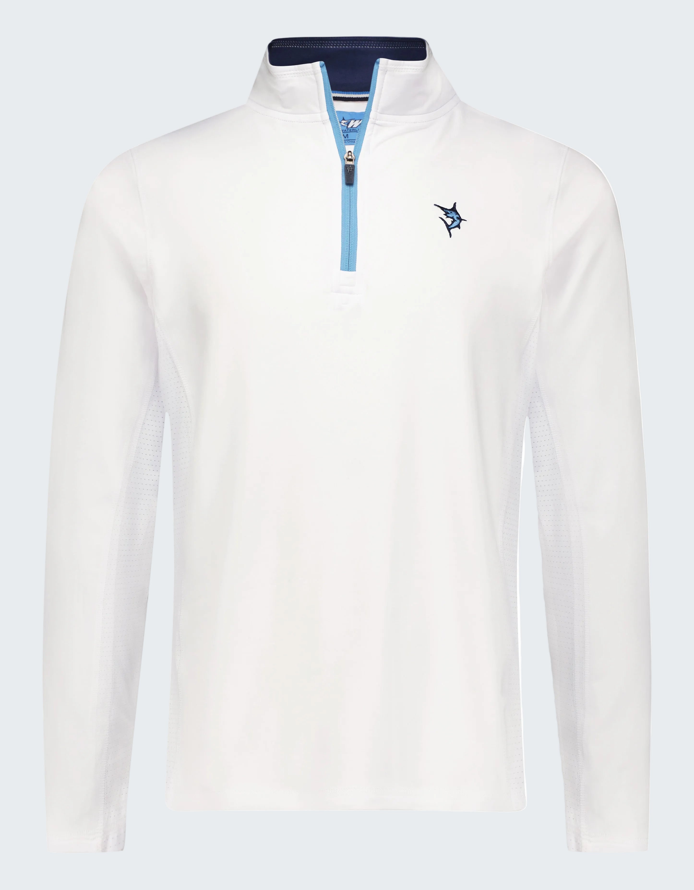 White long-sleeve shirt with a small logo on a white background